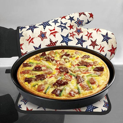 Patriotic Stars Oven Mitts - 4th of July Kitchen Mitts Pot Holders Sets of 2 Red White and Blue Hot Mitts Independence Memorial Day Hot Pads for Cooking Baking Grilling