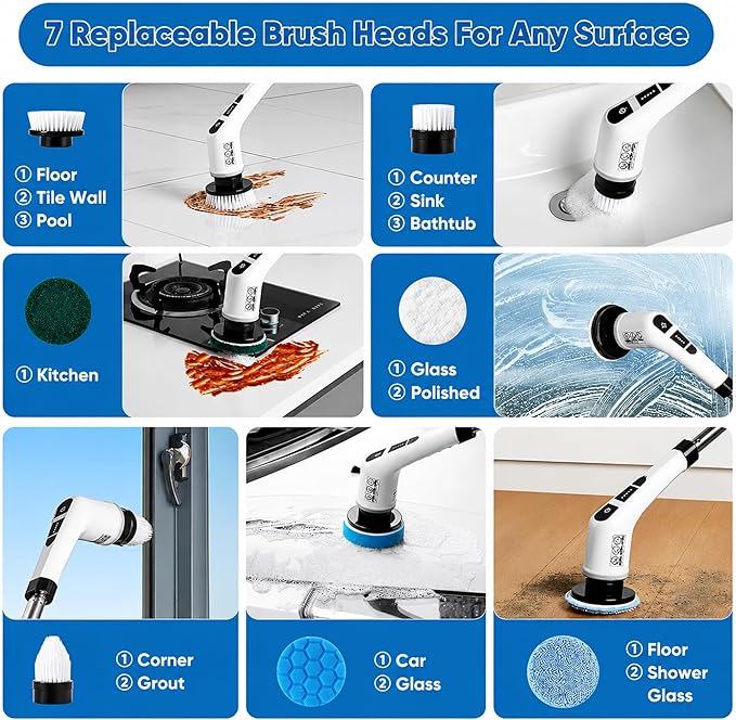7-in-1 Electric Spin Scrubber with Long Handle, Cordless Power Scrubber with 2 Speeds & 7 Replaceable Brush Heads for Bathroom, Shower, Bathtub, Tile, Floor, Glass & Car Cleaning.