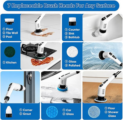 7-in-1 Electric Spin Scrubber with Long Handle, Cordless Power Scrubber with 2 Speeds & 7 Replaceable Brush Heads for Bathroom, Shower, Bathtub, Tile, Floor, Glass & Car Cleaning.