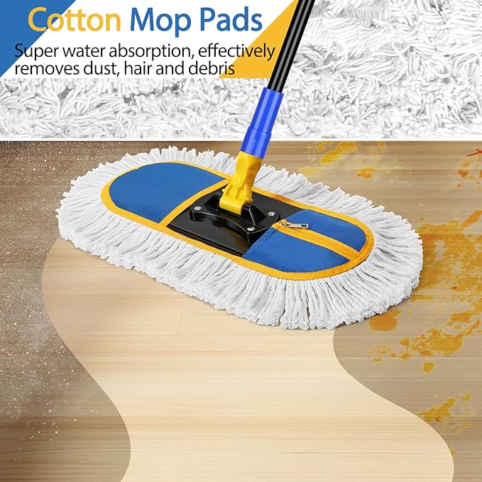 16 Inch Commercial Dust Mop Replacement Heads, 2 Pack Heavy Duty Industrial Cotton Mop Refill Pads Washable for Hardwood Vinyl Laminate Floors Kitchen Warehouse Courtyard Cleaning,Blue