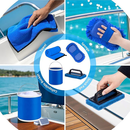 Boat Wash Cleaning Kit with Wet Dry Mop Collapsible Bucket Boat Scrubbing Brush Glove Boat Scuff Sponge Microfiber Towel Complete Interior Exterior Fiberglass Boat Hull Cleaning Set for Boat