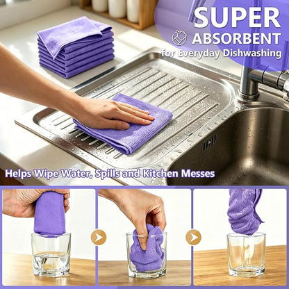 Kitchen Dish Cloths, 12 Pack, 10 x 10 Inches, Coral Velvet Kitchen Towels, Soft Lint Free Reusable Dish Cloths for Dishes, Tables and Household Cleaning, Purple