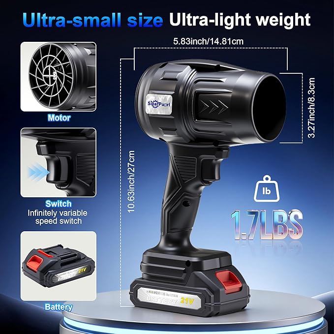 21V Handheld Leaf Blower – 98,000RPM High-Speed Motor, 1.7LB Ultra-Lightweight Hand Blower with 2 Batteries & Charger for Yard, Patio, Car Drying & Workshop