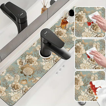 Sink Splash Guard Faucet Mat Peonies Bird and Butterflies Absorbent Fast Drying Mat Sink Gadgets Splash Guard Behind Faucet Drip Catcher for Kitchen Bathroom 23.5"X5.5"
