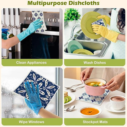 6 Packs Swedish Paper Cloths for Kitchen, Reusable Paper Towels Washable Dish Rags, Highly Absorbent Kitchen Towels Quick Drying Swedish Sponge Cleaning Dish Cloths (Blue Ornamentation)