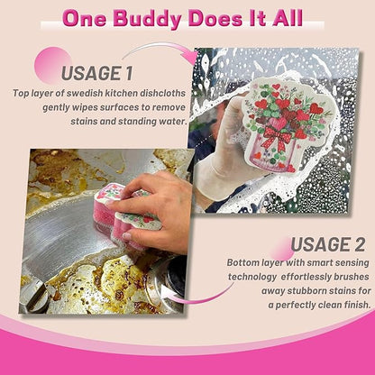 Bulimumu 3-Layer Floral Vase Dish Sponge (6 Pack) - Swedish Dishcloth Top + Soft Sponge Middle + Smart Temperature-Sensing Scrubber - Dual-Action Non-Scratch Kitchen Cleaning