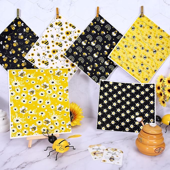 Whaline Bee Swedish Kitchen Dishcloth 6 Pack Bumble Bee Daisy Dish Towels Yellow Black Hand Drying Tea Towels Honeybee Cotton Dishcloth for Spring Summer Cooking Baking Cleaning Wipes, 6.7 x 7.7 Inch