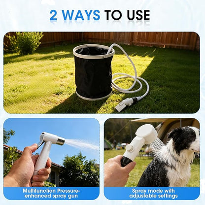 Portable Camping Shower, Outdoor Shower Kit, Hose, Spray Gun & Folding Bucket, Rechargeable Battery Powered Portable Shower for Camping, Hiking, Beach,RV,Pet Cleaning & Road Trips