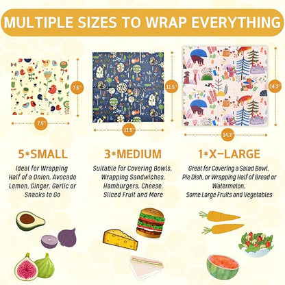 Reusable Beeswax Wrap - 9 Pack Beeswax Wraps for Food, Eco-Friendly Beeswax Food Wraps, Bread Sandwich Food Wrap - Organic, Sustainable, Zero Waste, Plastic-Free Food Storage, 1XL, 3M, 5S