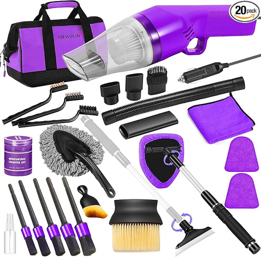 20PCS Car Cleaning Kit, Car Interior Detailing Kit with Purple High Power Handheld Vacuum, Detailing Brush Set, Windshield Cleaner, Cleaning Gel, Complete Auto Accessories for Women