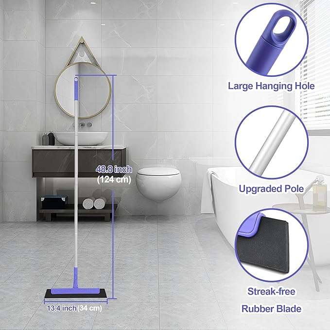 Floor Squeegee with 180° Rotating Head, EVA Foam Blade Squeegee for Floor with Adjustable Aluminum Long Handle, Squeegee Broom for Window Shower Bathroom Garage Tile Pet Hair Cleaning