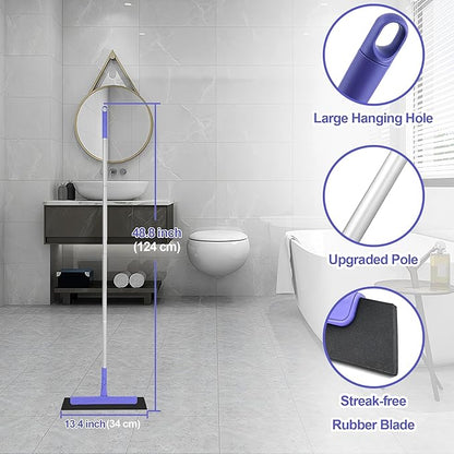 Floor Squeegee with 180° Rotating Head, EVA Foam Blade Squeegee for Floor with Adjustable Aluminum Long Handle, Squeegee Broom for Window Shower Bathroom Garage Tile Pet Hair Cleaning