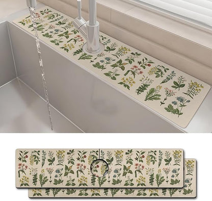 2PCS 24" X 5.5" Kitchen Sink Splash Guard Faucet Mat Floral Super Absorbent Fast Drying Faucet Guard & Draining Mat Sink Splash Guard Behind Faucet for Kitchen, Bathroom