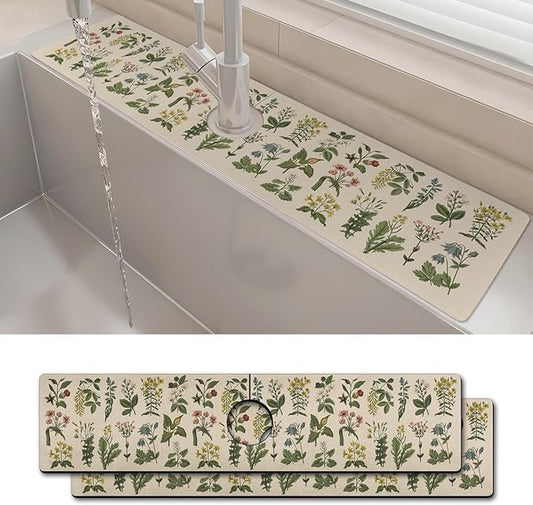2PCS 24" X 5.5" Kitchen Sink Splash Guard Faucet Mat Floral Super Absorbent Fast Drying Faucet Guard & Draining Mat Sink Splash Guard Behind Faucet for Kitchen, Bathroom
