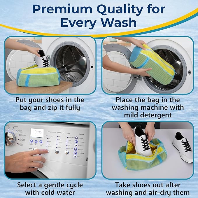 Shoe Washing Machine Bag, 2 Pcs Reusable Laundry Shoe Bag for Washer and Dryer, 360 Deep Cleaning Sneaker Washing Bag with Zipper, Mesh Pockets and Hanging Strip, Fits All Shoe Types & Sizes, Yellow