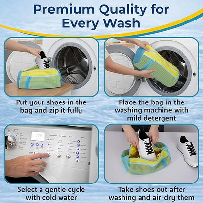 Shoe Washing Machine Bag, 2 Pcs Reusable Laundry Shoe Bag for Washer and Dryer, 360 Deep Cleaning Sneaker Washing Bag with Zipper, Mesh Pockets and Hanging Strip, Fits All Shoe Types & Sizes, Yellow
