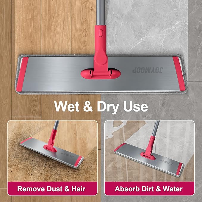 JOYMOOP 18 Inch Dust Mop for Hardwood Floors, Heavy Duty Industrial Wet Dry Mops with Telescopic Handle, Includes 5 Microfiber Mop Pads - Red-Grey