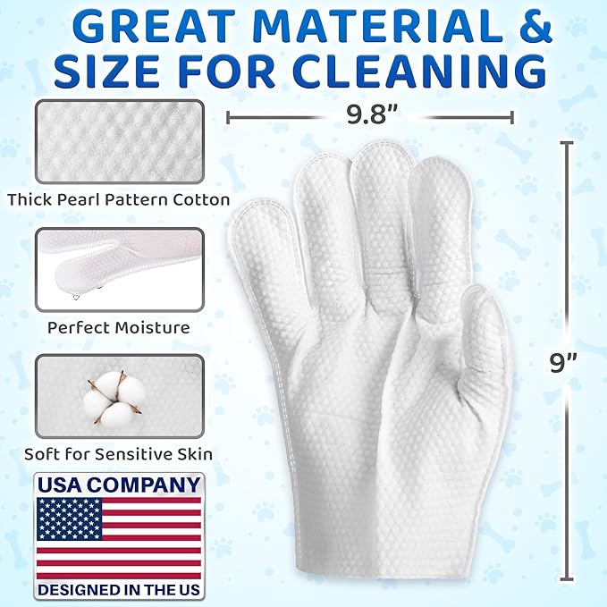 Premium Pet Wipes for Dogs & Cats - 6 Pcs - Disposable Washing Gloves for Bath & Grooming - Clean & Dry Paws, Fur, Face, Ears, Butt & Body - Hypoallergenic, Lick-Safe & Waterless Cleaning Gloves