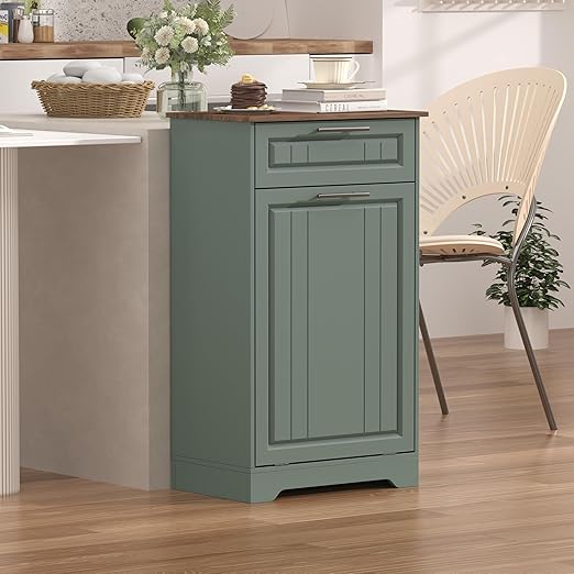 Single 10 Gallon Tilt Out Trash Can Cabinet with Deodorizing Function, Wooden Hidden Garbage Can Holder with Storage Drawers for Kitchen and Dining Room, Laundry Hamper Cabinet for Bathroom, Green