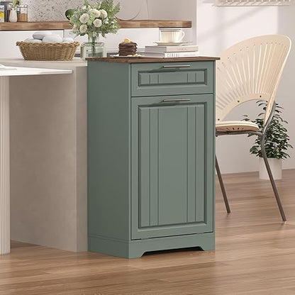 Single 10 Gallon Tilt Out Trash Can Cabinet with Deodorizing Function, Wooden Hidden Garbage Can Holder with Storage Drawers for Kitchen and Dining Room, Laundry Hamper Cabinet for Bathroom, Green