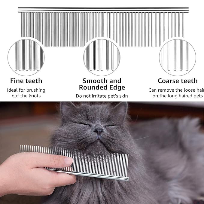 Flea Comb For Dogs & Cats Pet Comb Grooming Set 5 Pieces Metal Teeth Durable Remove Tear Stain Float Hair Combing tangled hair Dandruff Add Storage Pouch (Blue)
