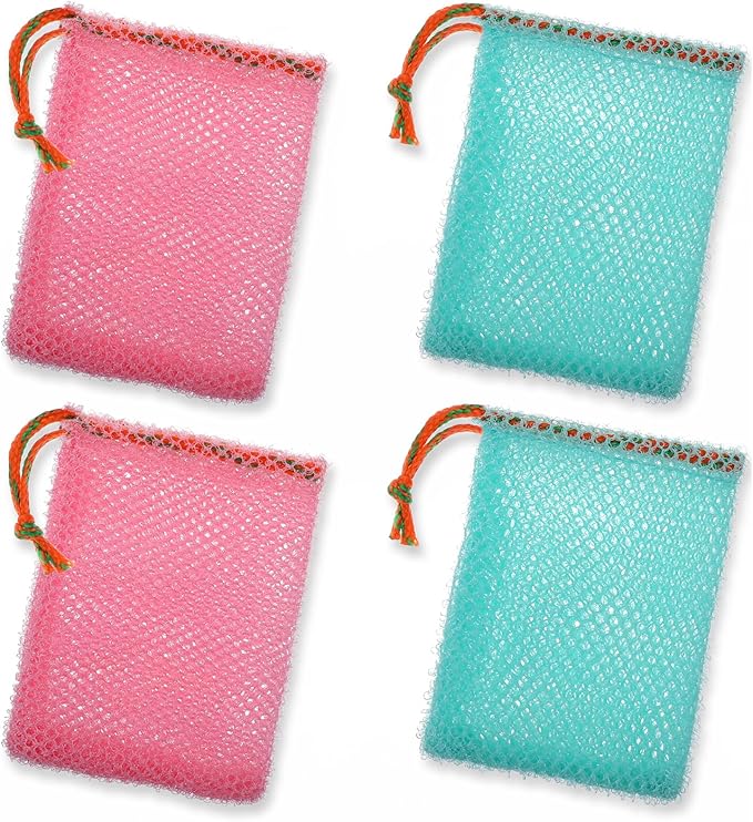 4 PCS Soap Savers for Soaps Bars, Mesh Soap Bags, Body Scrubber Bar Soaps Exfoliating Pouch, Scrubbed Bits Foaming Net Bag for Shower Bath Travel (Pink & Green)