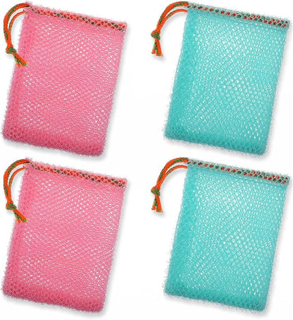4 PCS Soap Savers for Soaps Bars, Mesh Soap Bags, Body Scrubber Bar Soaps Exfoliating Pouch, Scrubbed Bits Foaming Net Bag for Shower Bath Travel (Pink & Green)
