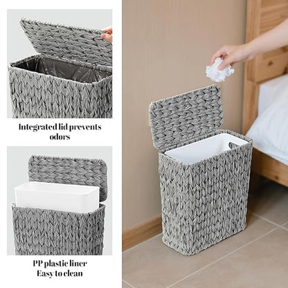 Coeusy 3 Gallon Wicker Trash Can,Grey Bathroom Trash Cans with Lid,Waterproof Slim Waste Basket for Bedroom,Home Office,Narrow Garbage Can with Removable Liner