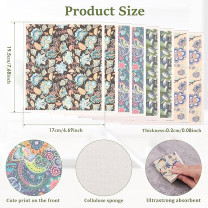 8Pcs Swedish Dishcloths for Kitchen, Quick-Drying Reusable Paper Towels, Absorbent Washable Kitchen Dish Rags, Soft Cellulose Sponge Cloths for Countertop Sink Flower Bird (8pcs Floral Fragments)