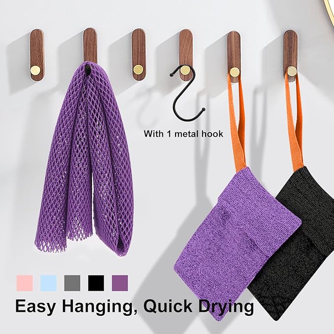 2 Pack Soap Saver Bags for Soap Bars, Exfoliating Bar Soap Scrubber Pouch for Shower, Exfoliating Body Scrubber, Come with 1 African Net Sponge for Full-Body Gentle Cleansing, Black & Purple