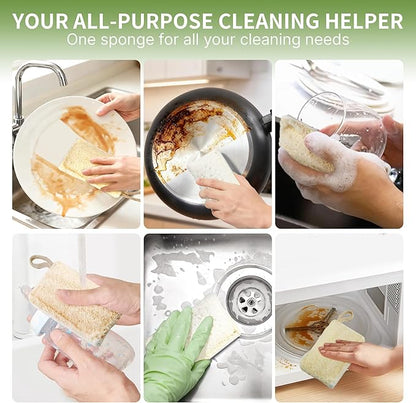 6 Pack Natural Loofah Sponges for Dishes, Loofah Kitchen Sponges with Cellulose & Cotton Loop, Natural Sponges for Dishes & Kitchen Cleaning