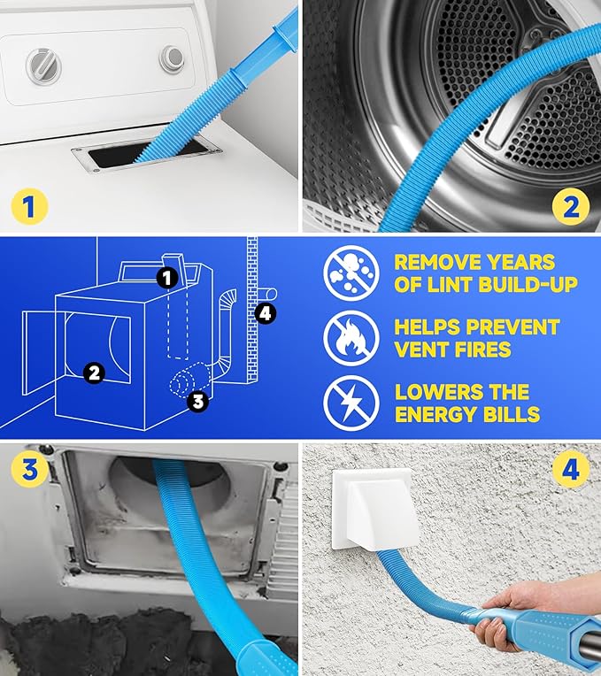 Dryer Vent Cleaner Kit - Flexible Dryer Lint Vacuum Hose Attachment - Lint Remover Compatible with All Vacuum Cleaner Laundry Room (Blue)