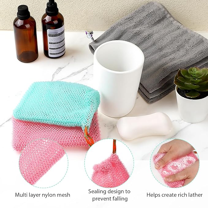 2 Pack Soap Savers for Bar Soap Exfoliating Net Mesh for Shower Holder Mesh Foaming bag for Bath and Shower(2 Colors, 5.5 x 3.5 In)
