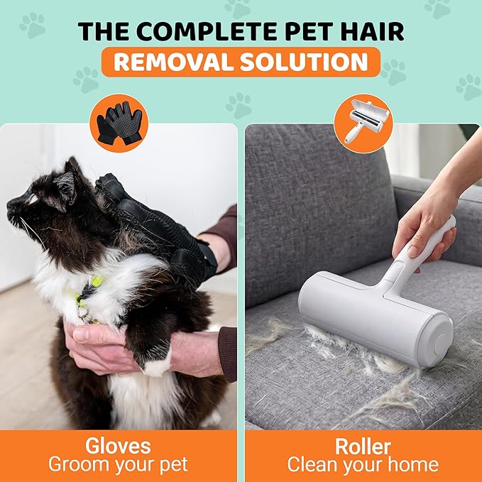 Pet Hair Remover Roller with 2 Grooming Gloves – Reusable Lint Remover for Dogs and Cats (Orange)