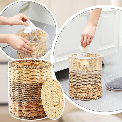 Ctosree 1.3 Gallons Small Trash Can with Lid Handle Boho Woven Braided Bathroom Waste Basket Trash Can with 100 Garbage Bags for Bedroom Office Laundry(Braided Wicker, Primary Color)