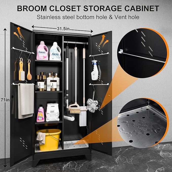Metal Garage Storage Cabinet, Kitchen Pantry Cabinet, Broom Closet Storage Cabinet with Lock, Modern Steel File Cabinets, Broom and Mop Organizer Cabinets for Laundry Room, Home Office, Gym, Shop
