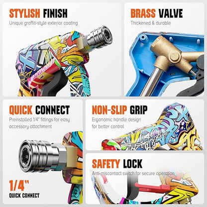 Short Pressure Washer Gun, High Pressure Washer Gun 4000 PSI M22-14mm & 3/8" Connect Car Accessories Car Washing Gun Car Detailing Kit with 5 Spray Nozzle, 1/4" Quick Connector Coupler for Foam Cannon