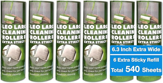 Leo 6.3-Inch Wide Lint Roller Refills, Dog Hair Roller Super Sticky Roll Floor Refill, Compatible with Leo Cleaning Roller Refill, 6 Refill Rolls with 90 Sheets Each, Total 540 Sheets