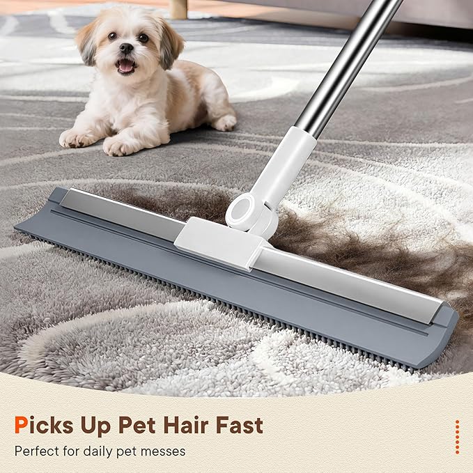 Floor Squeegee Broom with Long Handle, 2 in 1 Rubber Broom with Scrubbing Teeth for Water Removal, Shower, Bathroom, Kitchen, Tile, Concrete, Garage and Pet Hair