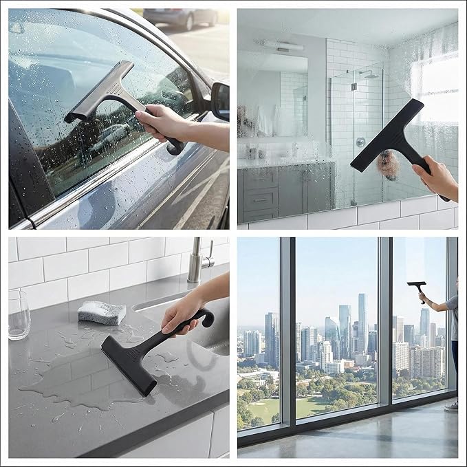 Silicone Shower Squeegee - All-in-One Design with Built-in Hook, 10 Inch Streak-Free Bathroom and car Cleaner for Glass Doors, Mirrors, Windows, Tiles Black