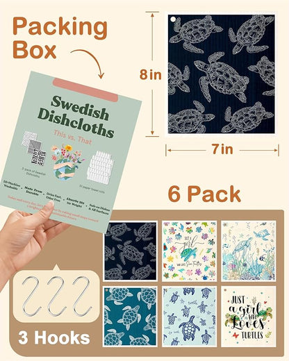 Miss Adola Kitchen Swedish Dishcloths with Hooks - 6 Pack Reusable Dish Cloths for Washing Dishes Fast Drying Cute Fun Swedish Dish Towels Washable Cleaning Sponge, Blue Turtle