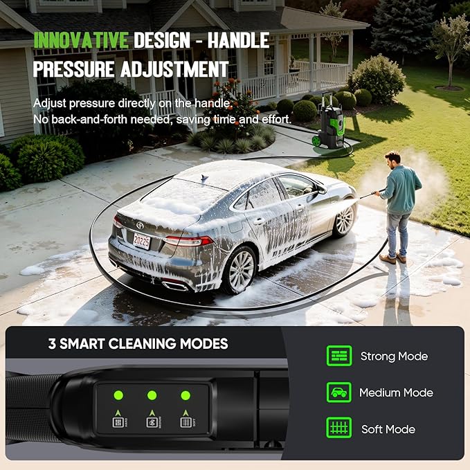 5000PSI Heavy Duty Pressure Washer, 3-Speed Adjustable Power Washer with 2-Stage Pull Rod, 4 Nozzles, Foam Cannon & 500ml Soap Bottle for Car, Home & Outdoor Cleaning,Green