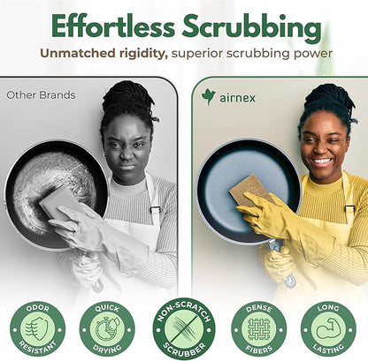 AIRNEX Plant-Based Scouring Pads for Dishes - Coconut Husk Non Scratch Scrub Pads - Natural Kitchen Scrubbing Pads for Pots & Pans - Eco Friendly & Non Abrasive Dish Scrubber Pads - Pack of 12