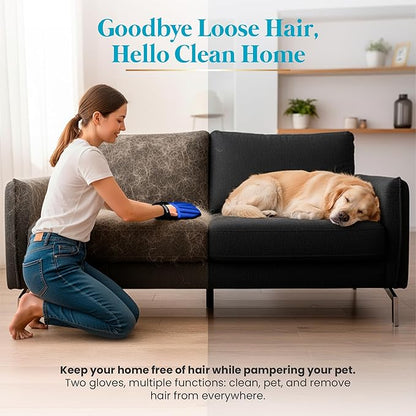 Cat Grooming Gloves for Shedding – Pet Hair Remover Set with Self-Cleaning Mitt – 2 Grooming Gloves + 1 Reusable Pad for Cats & Dogs – Long & Short Hair Deshedding