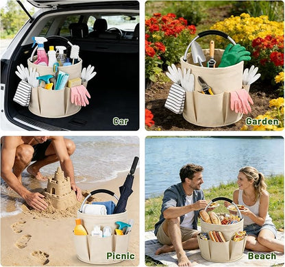 17L Foldable Cleaning Caddy with Handle - Portable Oxford Fabric Storage Bucket, Organiser for Cleaning Supplies, Toiletries, Home, Garden, Picnic & Beach (Beige)