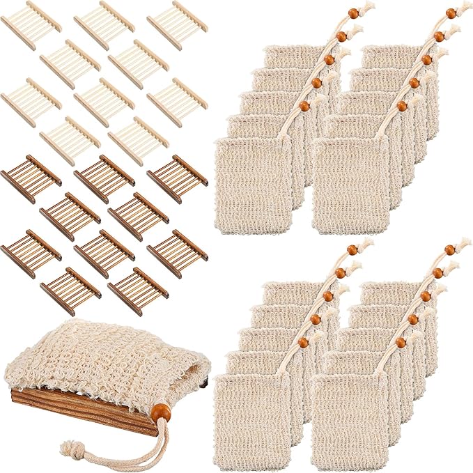 Soap Exfoliating Bag Holder Set Included Bathroom Wooden Soap Dish Pine Wood Soap Holder Tray Natural Bar Soap Pouch Mesh Bath Soap Saver Bag Container (Wood Color, Carbonized Color, 40 Pcs)