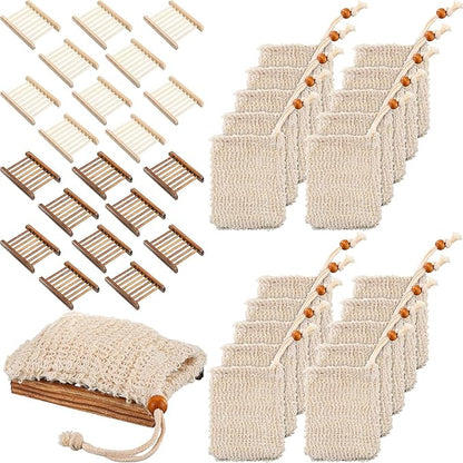 Soap Exfoliating Bag Holder Set Included Bathroom Wooden Soap Dish Pine Wood Soap Holder Tray Natural Bar Soap Pouch Mesh Bath Soap Saver Bag Container (Wood Color, Carbonized Color, 40 Pcs)