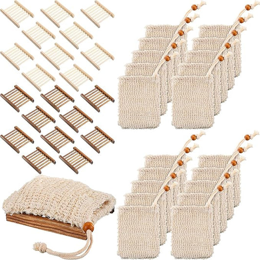 Soap Exfoliating Bag Holder Set Included Bathroom Wooden Soap Dish Pine Wood Soap Holder Tray Natural Bar Soap Pouch Mesh Bath Soap Saver Bag Container (Wood Color, Carbonized Color, 40 Pcs)