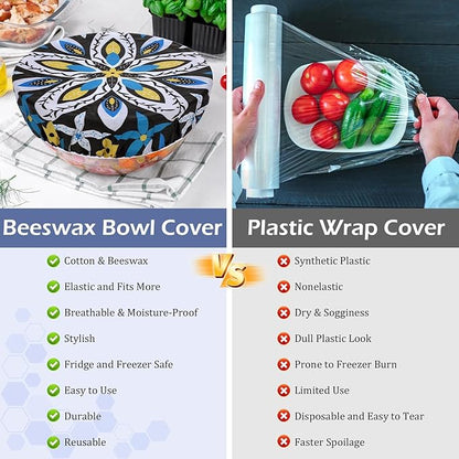 5-Size Reusable Beeswax Bowl Covers for Bread Proofing, Cotton Cloth Flexible Beeswax Wraps for Food Storage(Moroccan Style)