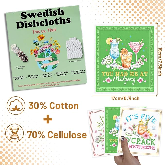 Mahjong Swedish Dishcloths for Kitchen - 6PCS Mah Jong Swedish Cloths for Washing Dishes, Cocktail Reusable Dish Towels Gifts, Washable Cleaning Sponge Gifts Quick Drying